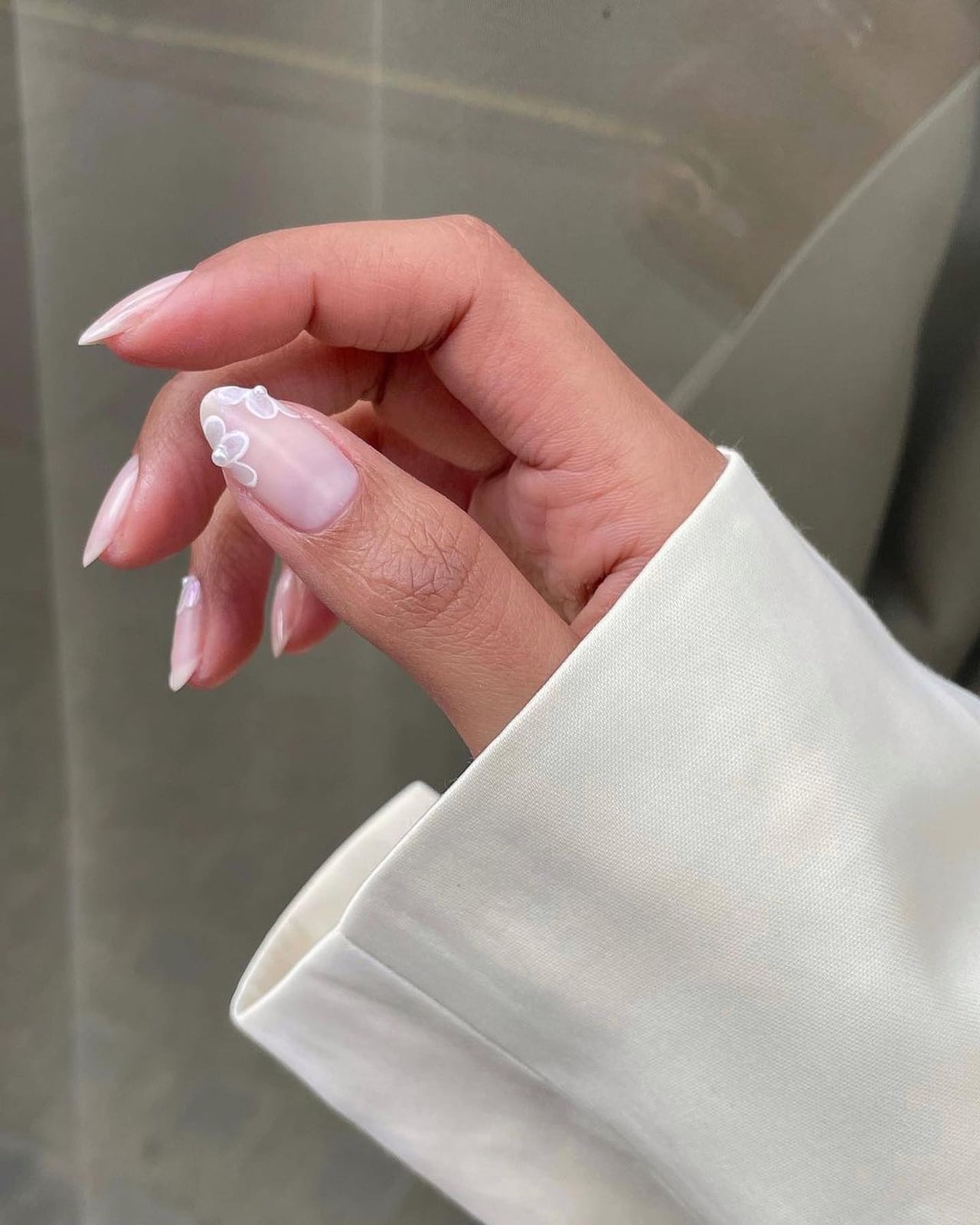 Medium Almond Delicate Floral Accents Medium Almond Delicate Floral Accents — Classy Bride Nail