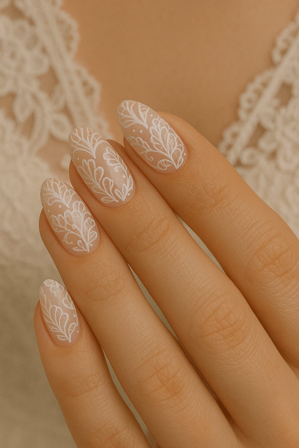 Medium Oval White Lace Pattern Nails Medium Oval White Lace Pattern Nails — Classy Bride Nail