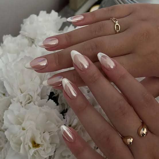 Medium Almond Chrome French Tip Nails Medium Almond Chrome French Tip Nails — Classy Bride Nail