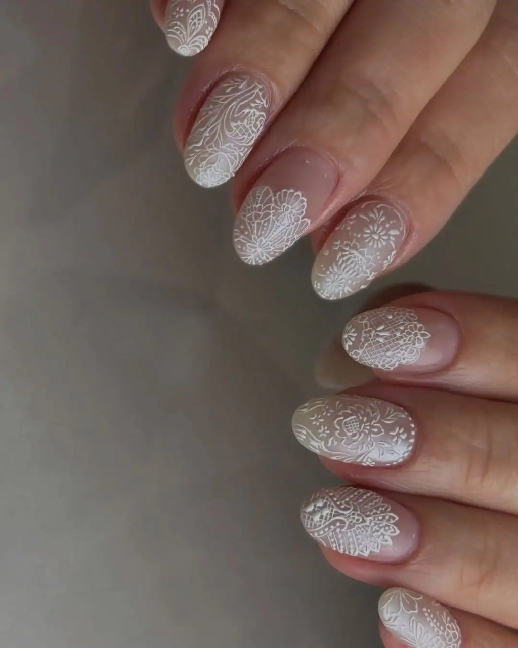 Medium Oval Matte White Lace Pattern With Sheer Nude Base Medium Oval Matte White Lace Pattern With Sheer Nude Base — Classy Bride Nail