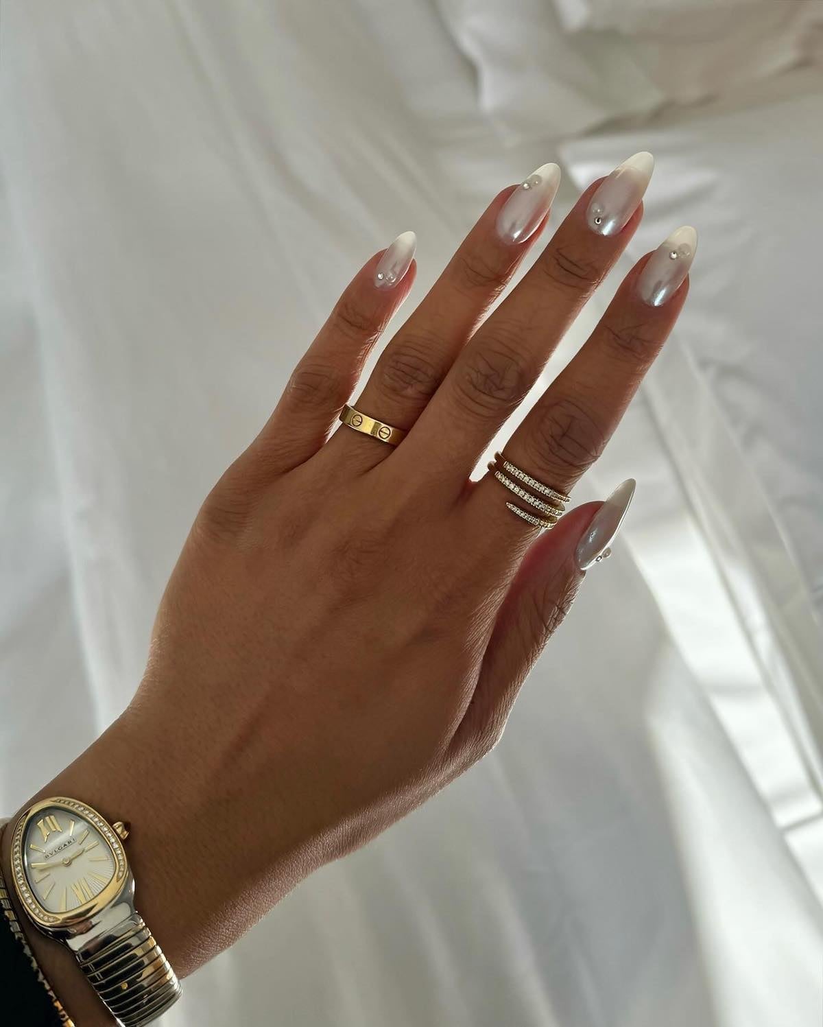 Long Stiletto Pearlescent Embellishments Long Stiletto Pearlescent Embellishments — Classy Bride Nail