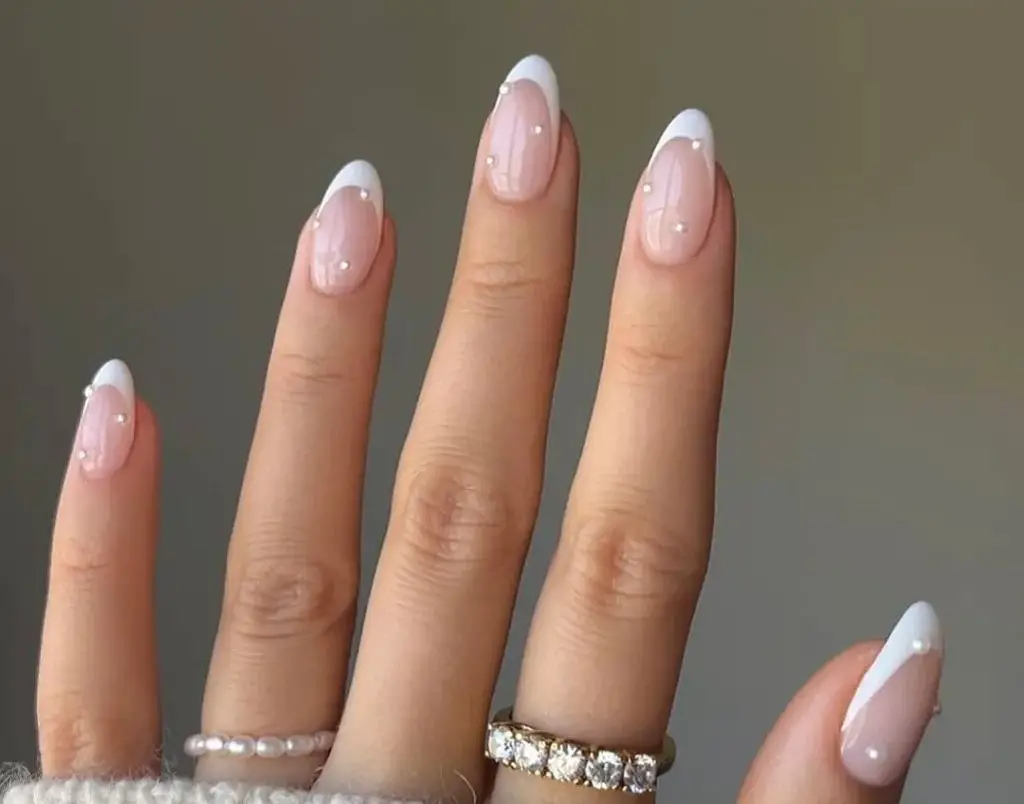 Medium Almond Pearl Accent French Tips Medium Almond Pearl Accent French Tips — Classy Bride Nail