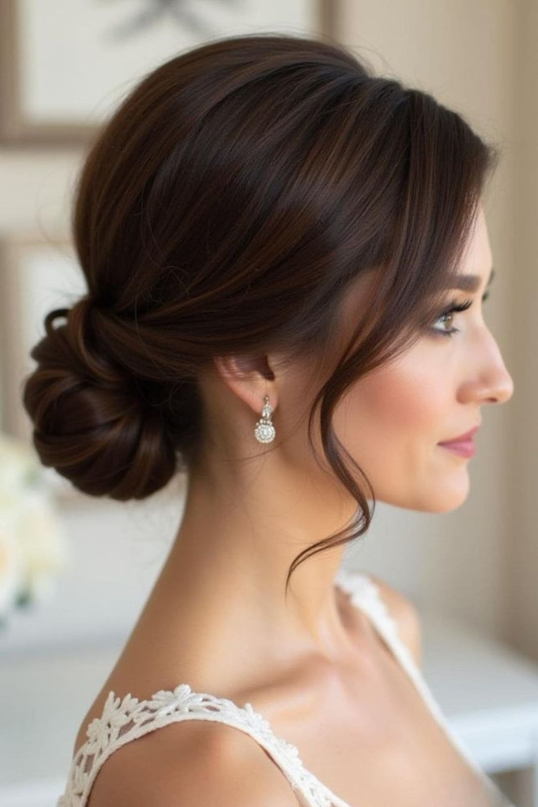 Sleek Dark Brown Low Bun Sleek Dark Brown Low Bun — Classy Bridesmaid Hair