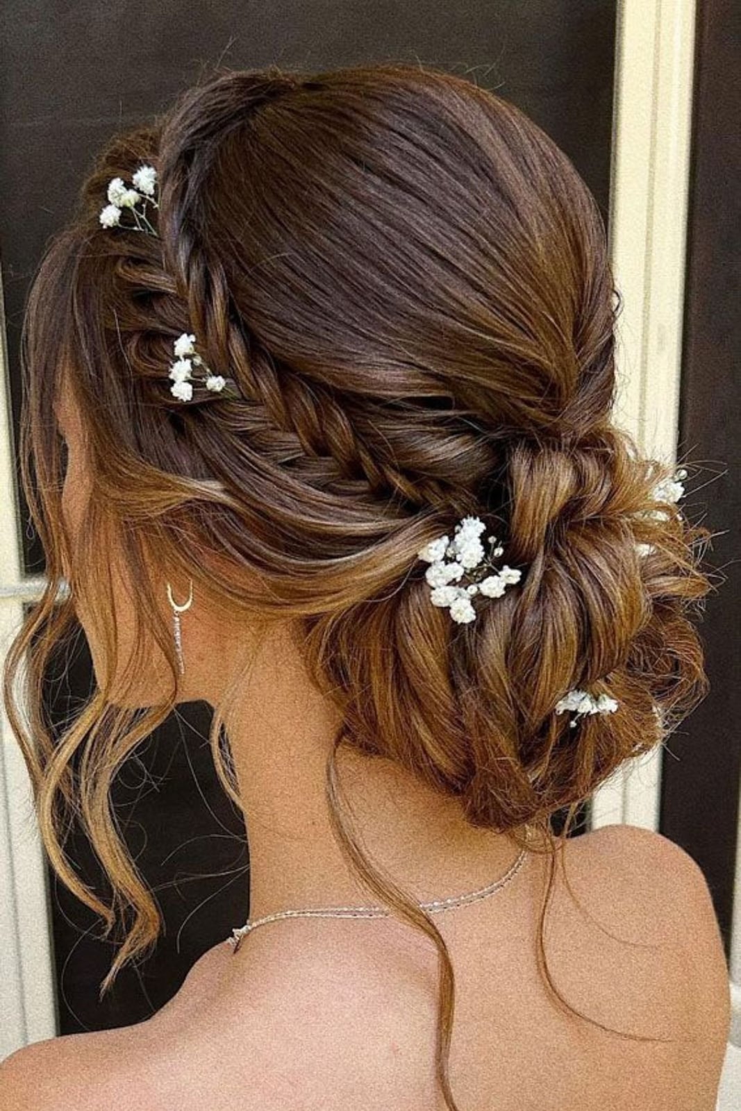 Dark Brown Braided Updo With Flowers Dark Brown Braided Updo With Flowers — Classy Bridesmaid Hair