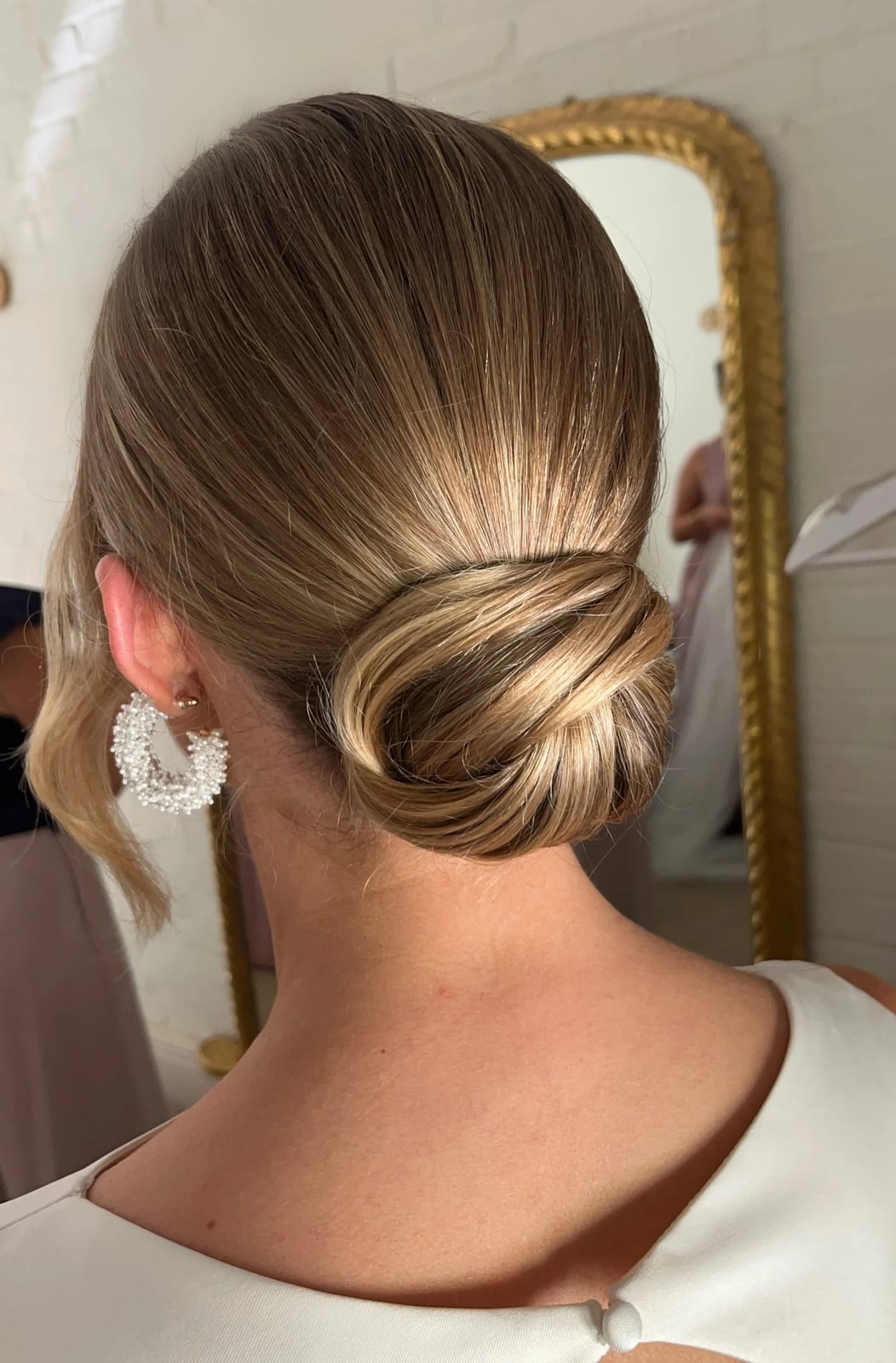 Fine Ash Blonde Chin Length Bob Low Bun Fine Ash Blonde Chin Length Bob Low Bun — Classy Bridesmaid Hair