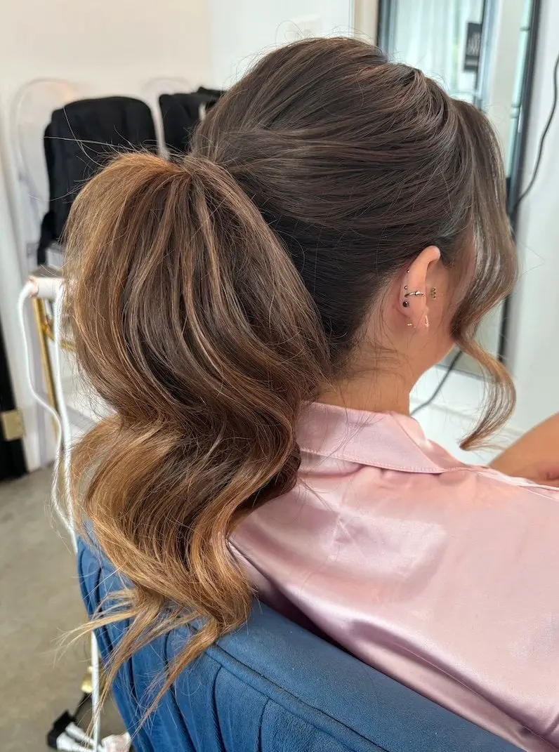 Brown High Ponytail With Waves Brown High Ponytail With Waves — Classy Bridesmaid Hair