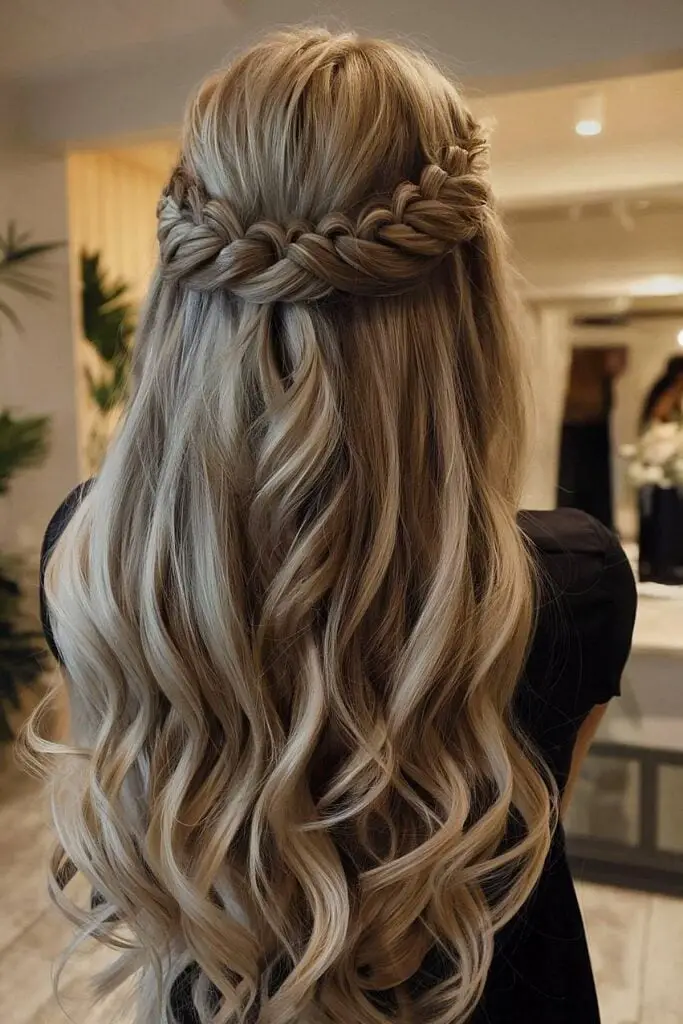 Ash Blonde Braided Crown Half-Up, Reaching Mid-Back Ash Blonde Braided Crown Half-Up, Reaching Mid-Back — Classy Bridesmaid Hair