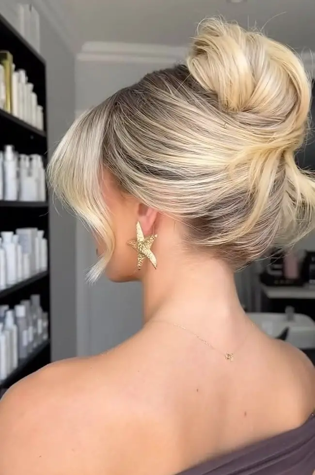 Ash Blonde Updo With Soft Curtain Bangs — Classy Bridesmaid Hair Updo