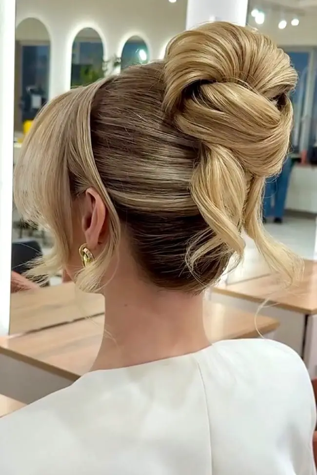 High Ash Blonde Updo With Curled Tendrils — Classy Bridesmaid Hair Updo