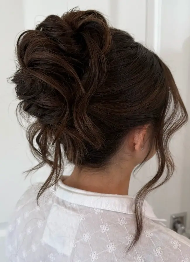 Textured Dark Brown Updo With Face-Framing Pieces — Classy Bridesmaid Hair Updo
