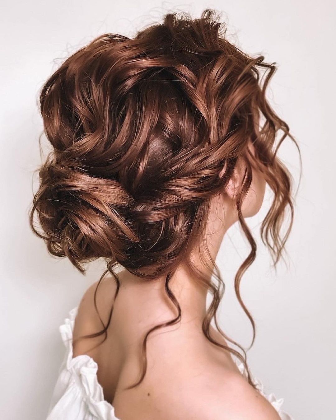 Voluminous Warm Brown Updo With Soft Curls — Classy Bridesmaid Hair Updo
