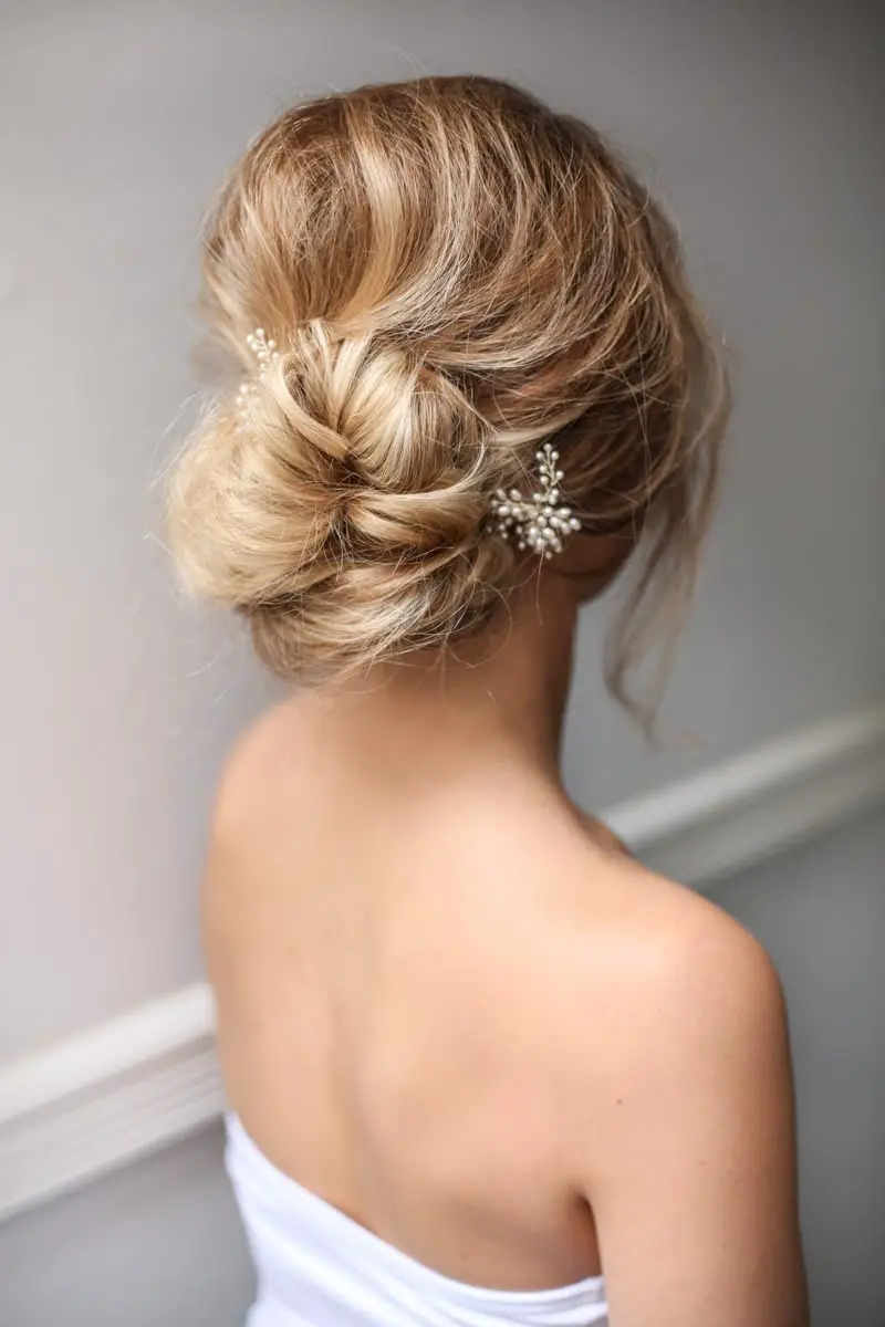 Loose Textured Low Bun With Pearl Hairpins — Classy Bridesmaid Hair Updo