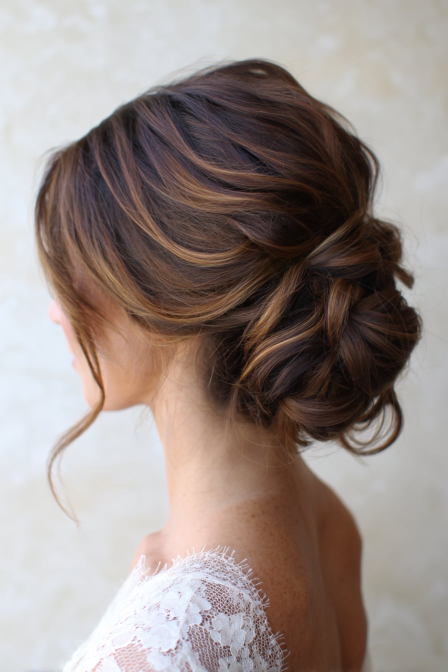Loose Brunette Low Bun With Wavy Tendrils — Classy Bridesmaid Hair Updo