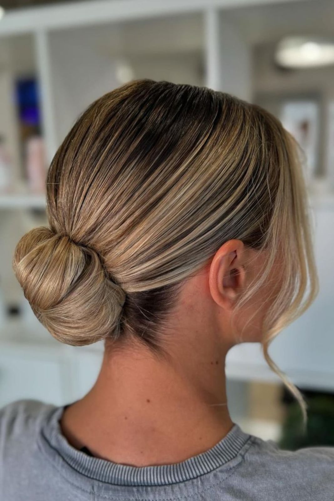 Sleek Ash Blonde Low Bun, Straight — Classy Bridesmaid Hair Updo
