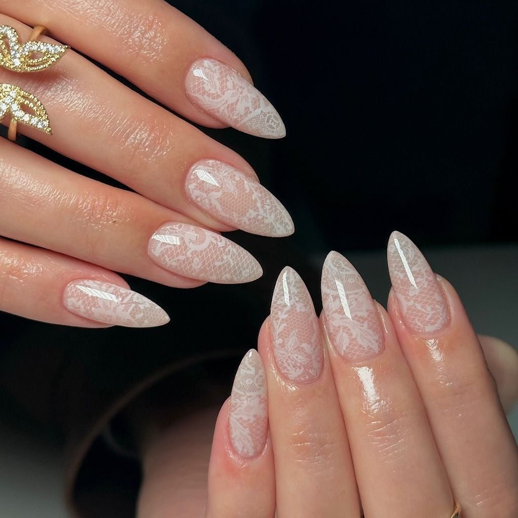 Lace Pattern Long Stiletto Nails — Classy Bridesmaid Nails