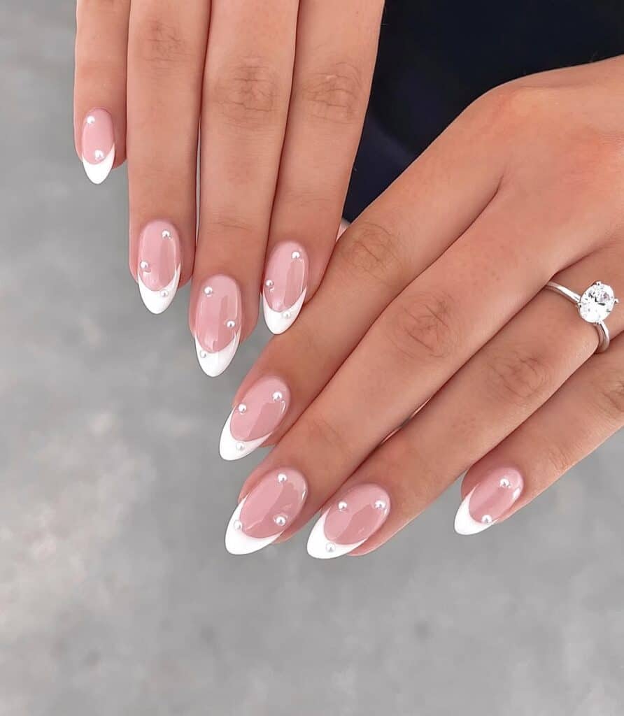 Sheer Pink Oval With Pearl French Tips — Classy Bridesmaid Nails