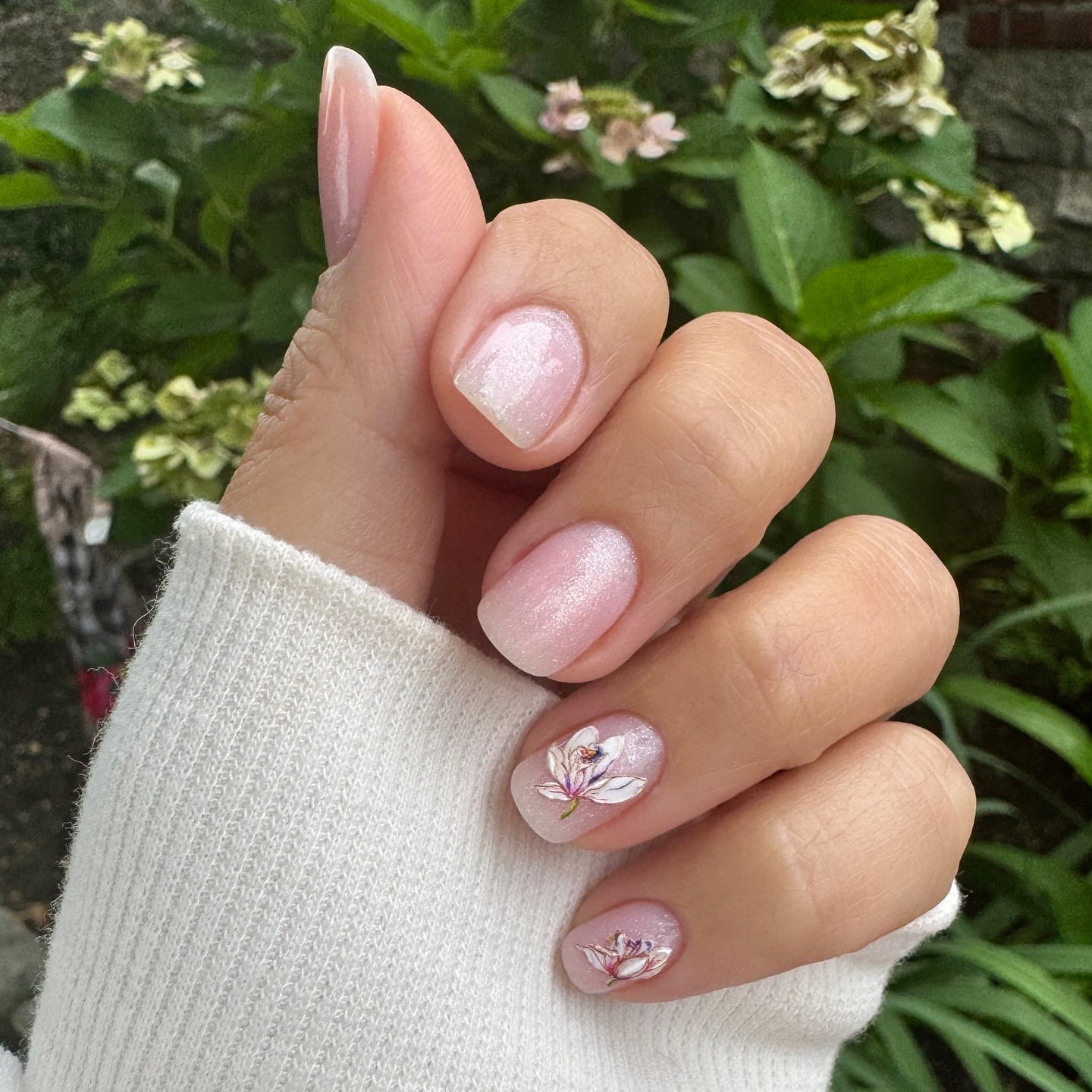 Milky Pink Short Almond With Floral Art and Glossy With Shimmer — Classy Bridesmaid Nails
