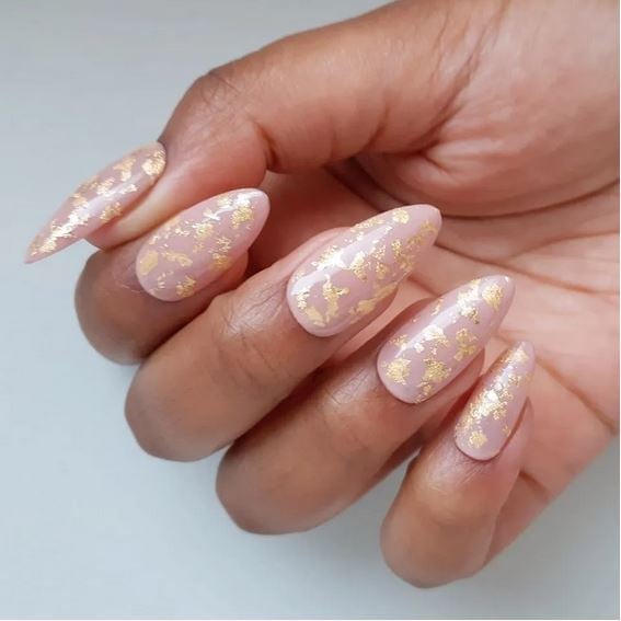 Pale Pink Short Almond With Gold Foil — Classy Bridesmaid Nails