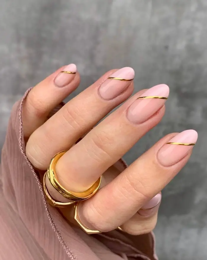 Sheer Pink Almond With Gold Stripes — Classy Bridesmaid Nails