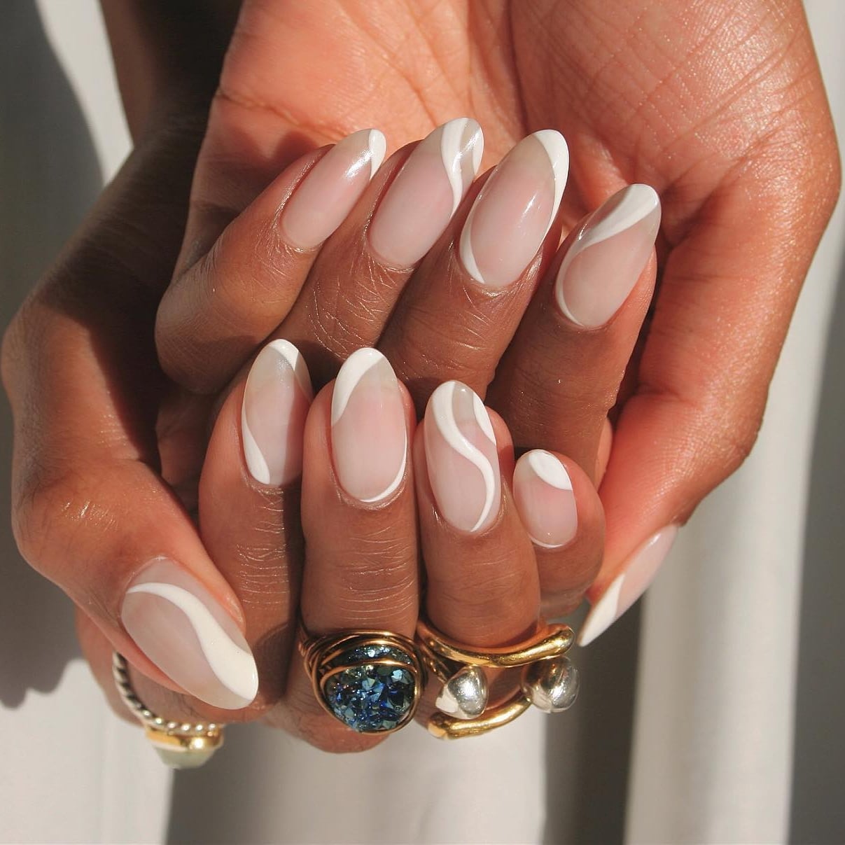 Natural Pink Oval With White Abstract Lines — Classy Bridesmaid Nails