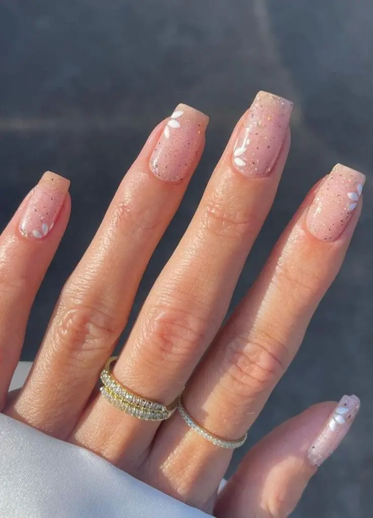 Glitter Pink Square With Floral Decals — Classy Bridesmaid Nails