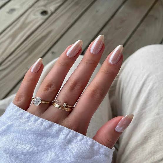 Pale Pearlescent Pink Medium Almond — Classy Bridesmaid Nails