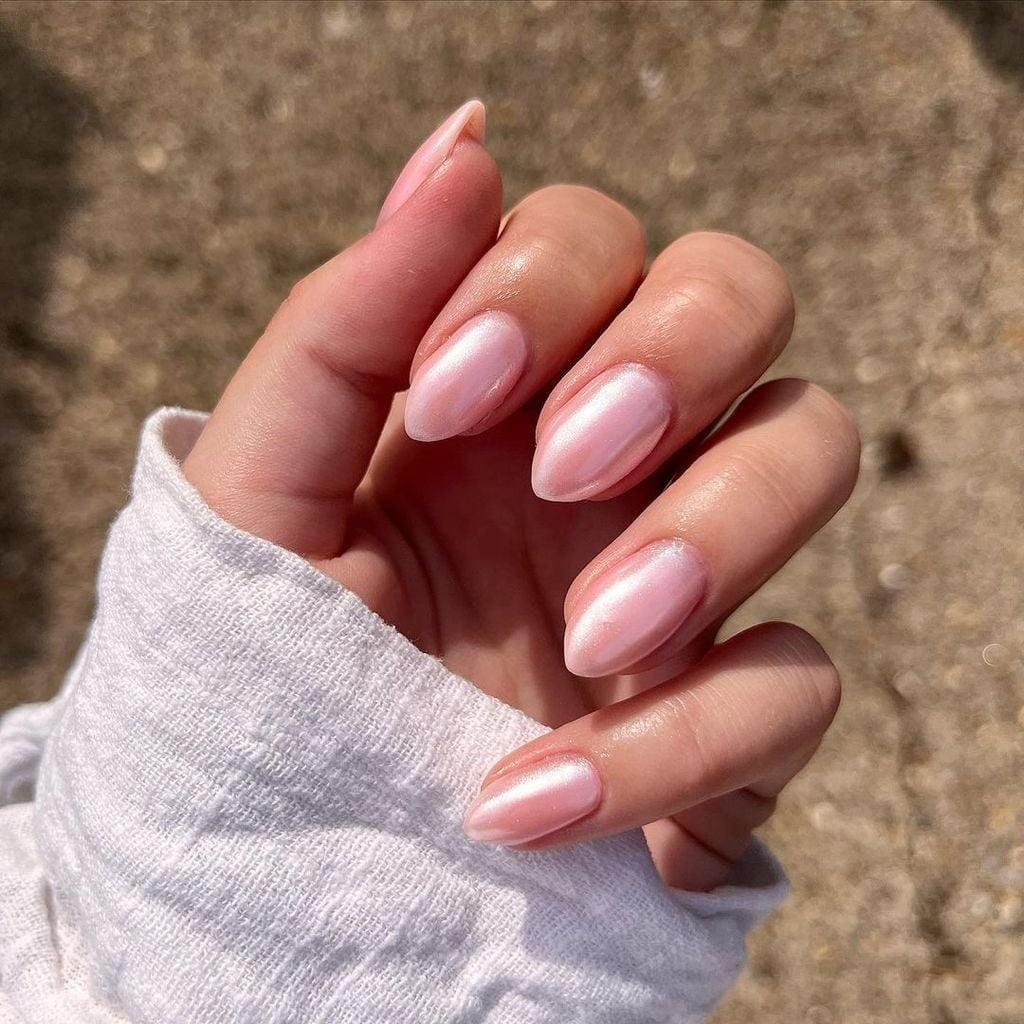 Opaque Pink Almond With Pearlescent Shimmer — Classy Bridesmaid Nails