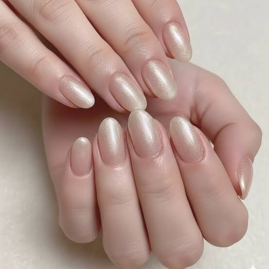 Light Pearlescent Beige Short Almond — Classy Bridesmaid Nails