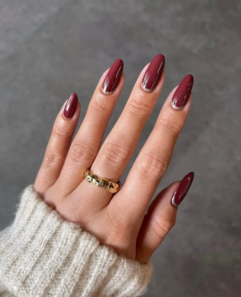 Deep Burgundy Almond With Silver Cuticle Line — Classy Bridesmaid Nails