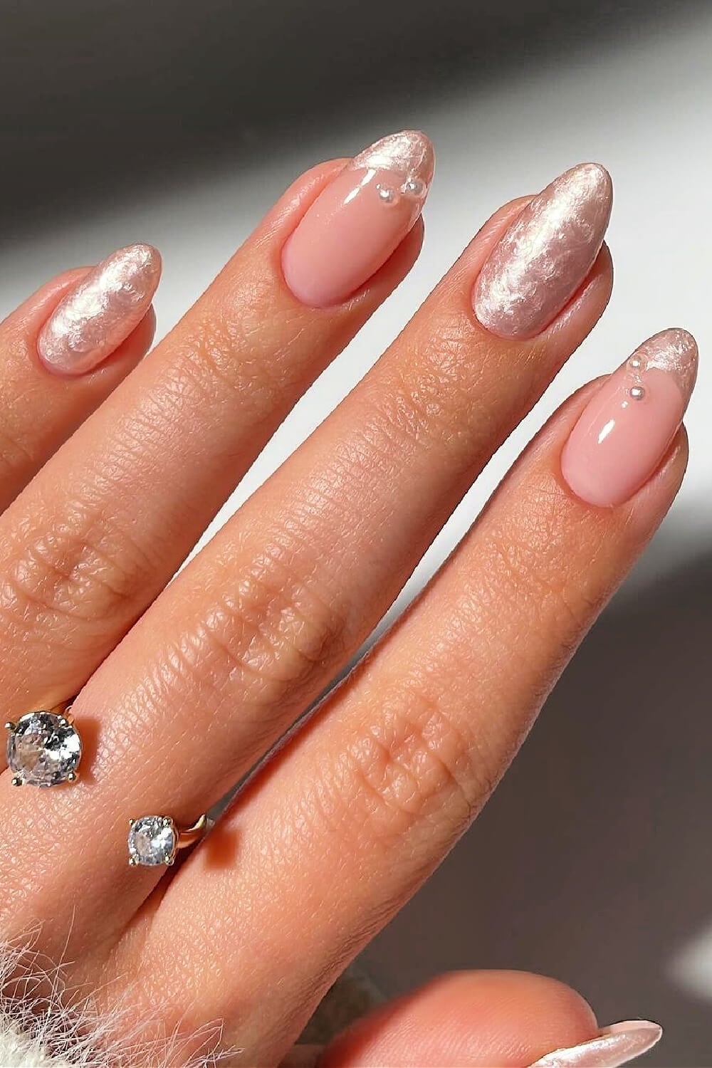Sheer Pink Oval Nails With Pearl Accents — Classy Bridesmaid Nails