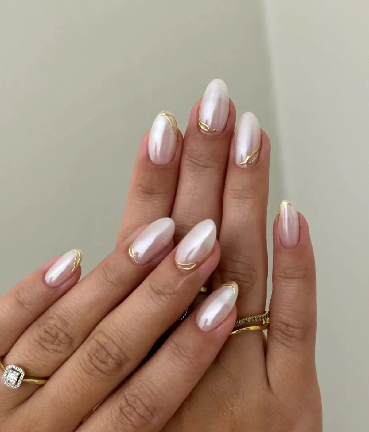 Milky White Oval With Gold Line Accents — Classy Bridesmaid Nails