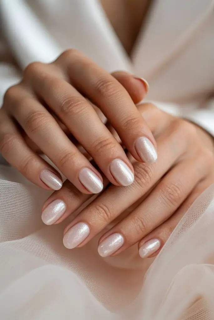 Milky White Shimmer Short Oval Nails — Classy Bridesmaid Nails