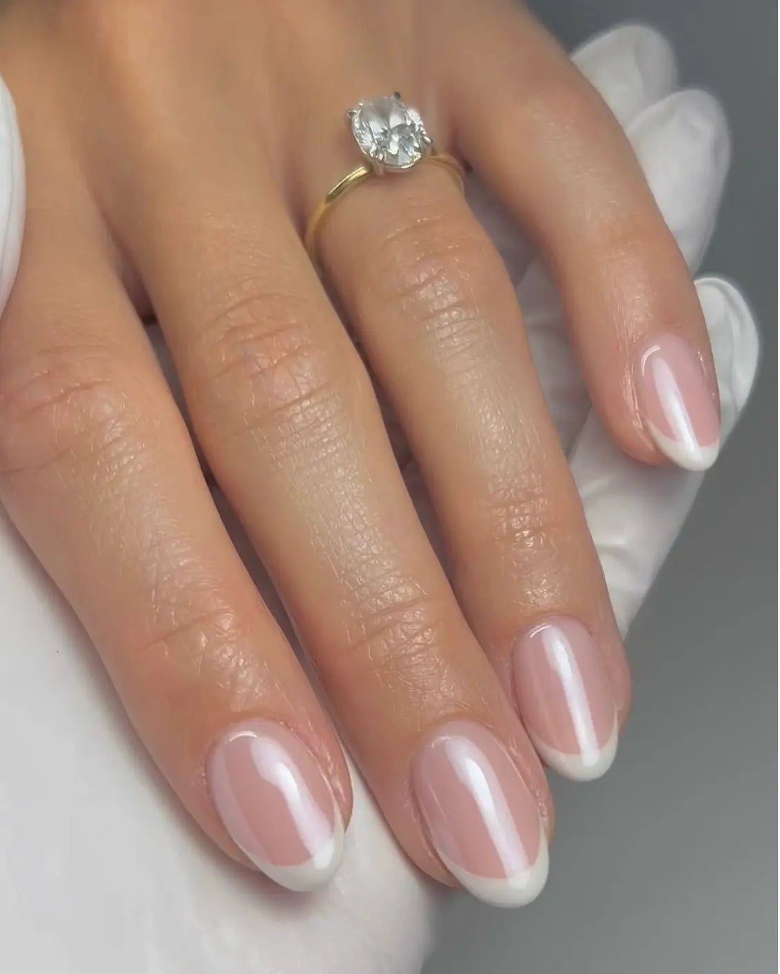 Pearlescent Nude Short Oval French — Classy Bridesmaid Nails