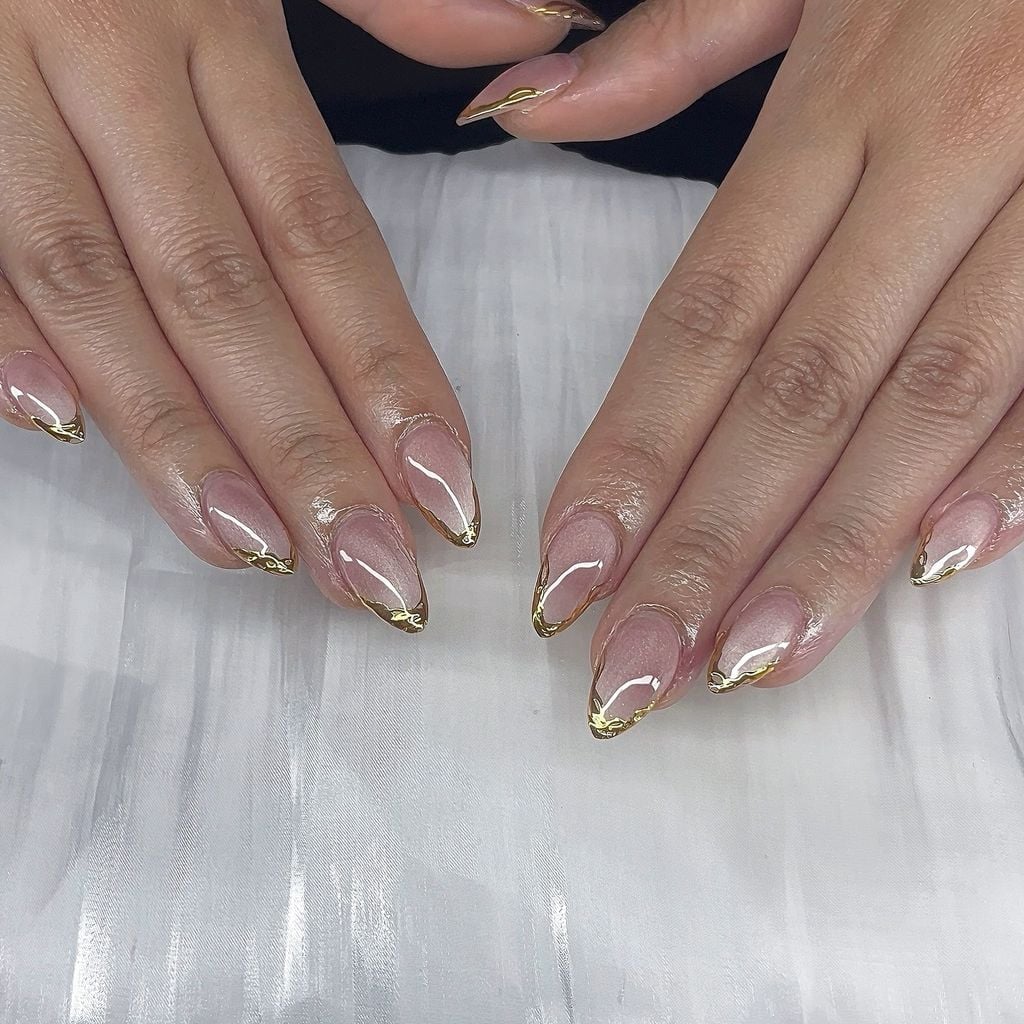 Sheer Pink Almond With Gold Line Detail — Classy Bridesmaid Nails