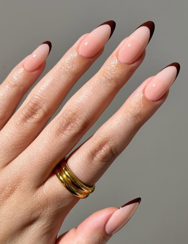 Long Almond Nails With Dark Brown French Tips Long Almond Nails With Dark Brown French Tips — Classy Brown Almond Nails