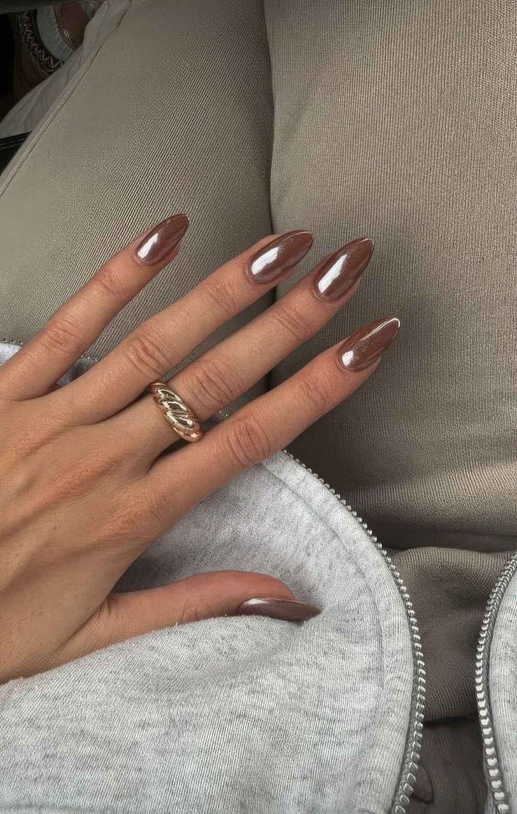 Medium Almond Nails With Tartan Pattern Medium Almond Nails With Tartan Pattern — Classy Brown Almond Nails