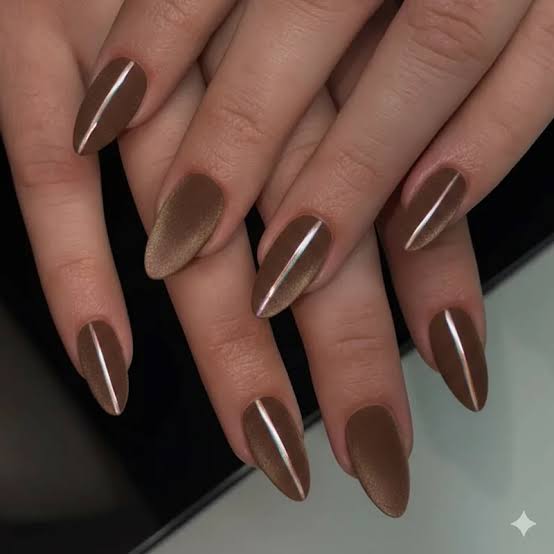 Medium Almond Nails With Velvet Matte And Silver Line Medium Almond Nails With Velvet Matte And Silver Line — Classy Brown Almond Nails