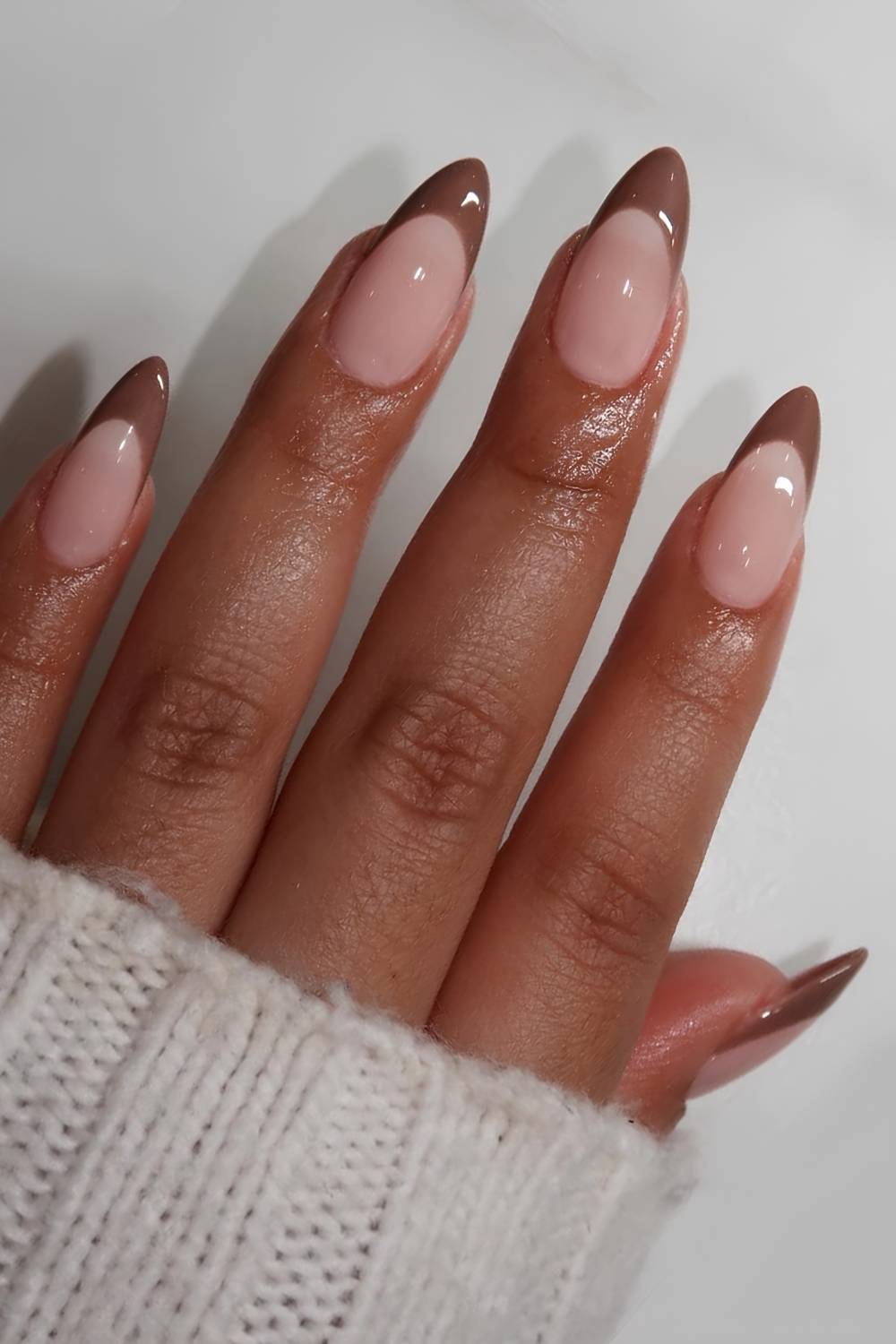 Almond Nails With Milky Pink Base And Brown French Almond Nails With Milky Pink Base And Brown French — Classy Brown Almond Nails