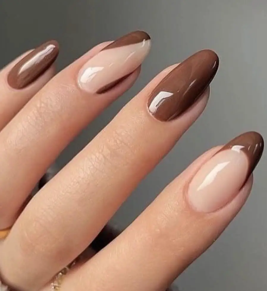 Long Almond Nails With Brown Nude Diagonal Split Long Almond Nails With Brown Nude Diagonal Split — Classy Brown Almond Nails