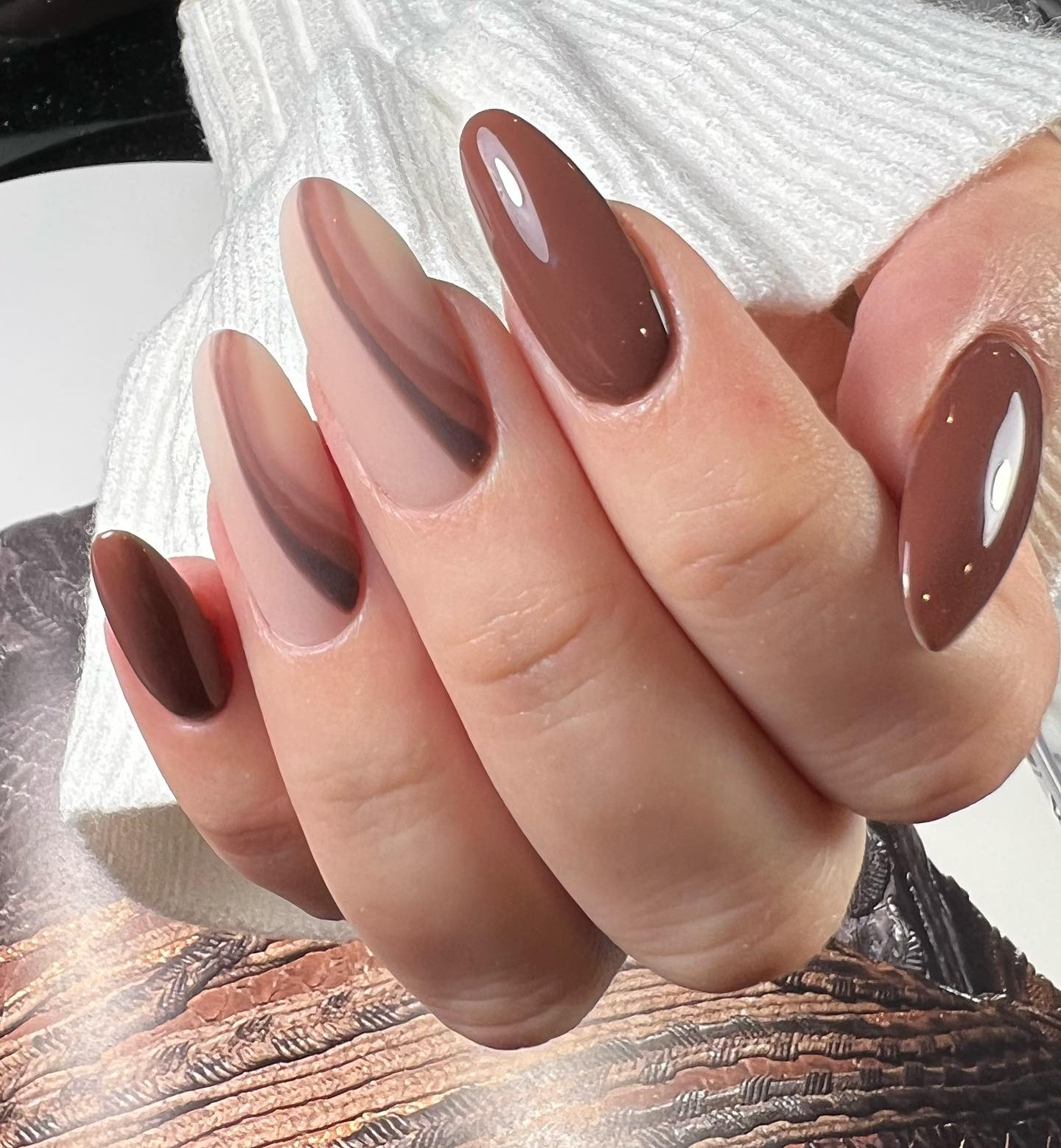Long Almond Nails With Brown Nude Ombre And Swirls Long Almond Nails With Brown Nude Ombre And Swirls — Classy Brown Almond Nails
