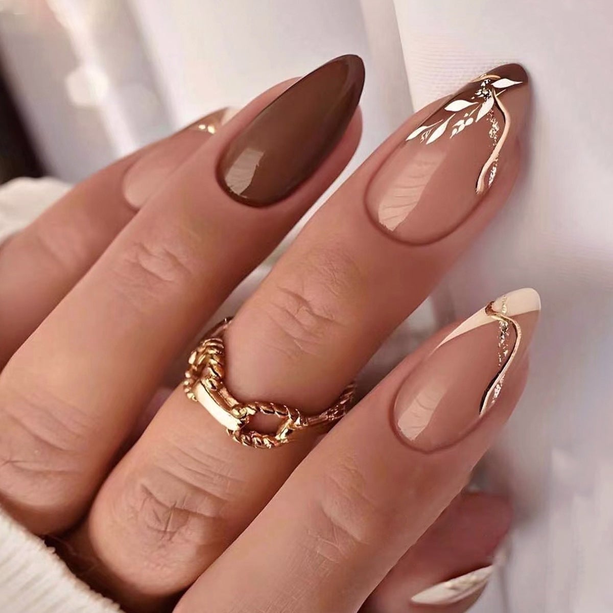 Medium Almond Nails With Brown French And Leaf Art Medium Almond Nails With Brown French And Leaf Art — Classy Brown Almond Nails