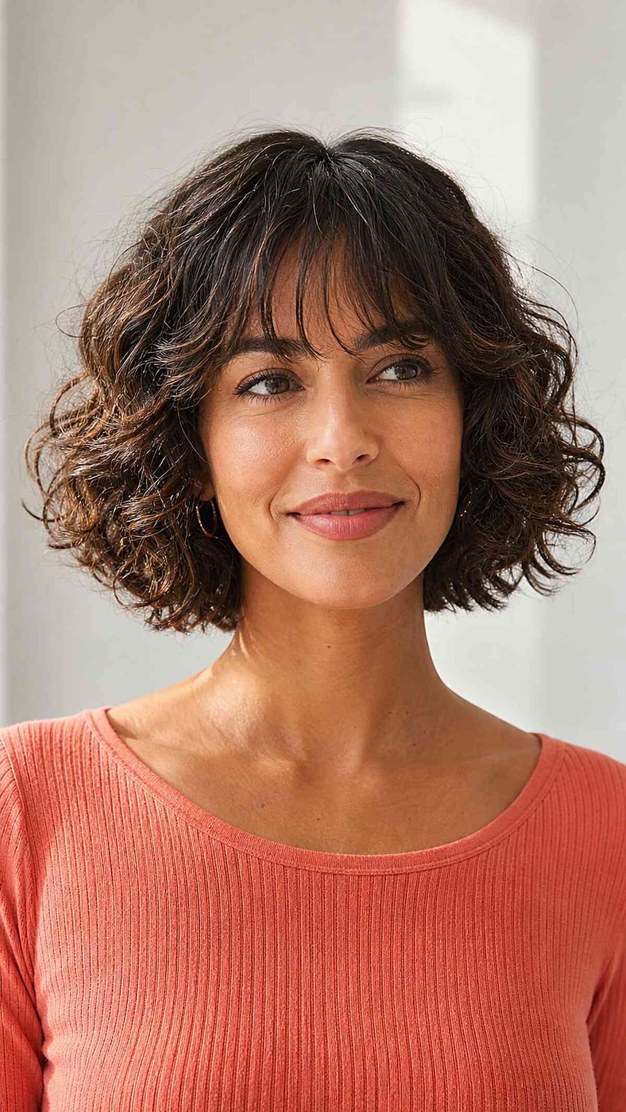 Chin Length Textured Bob With Wispy Bangs Chin Length Textured Bob With Wispy Bangs — Classy Brown Curly Hair