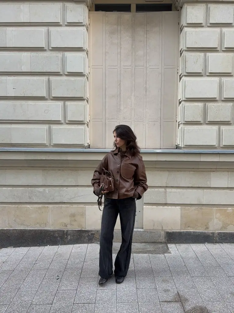 Relaxed Brown Leather Shirt Jacket with Gray Jeans Relaxed Brown Leather Shirt Jacket with Gray Jeans — Classy Brown Leather Jacket Outfit