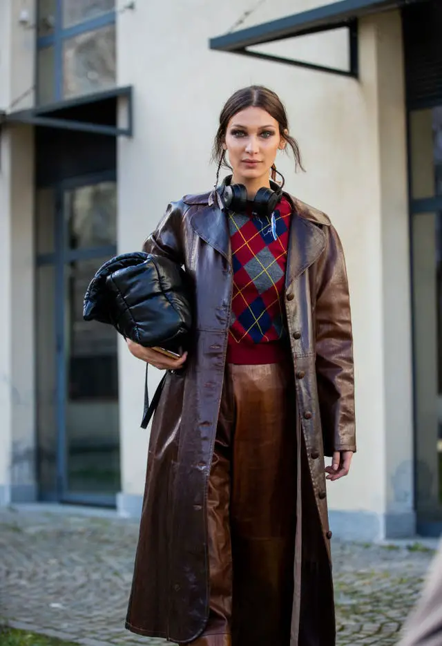 Long Brown Leather Trench Coat with Argyle Sweater Long Brown Leather Trench Coat with Argyle Sweater — Classy Brown Leather Jacket Outfit