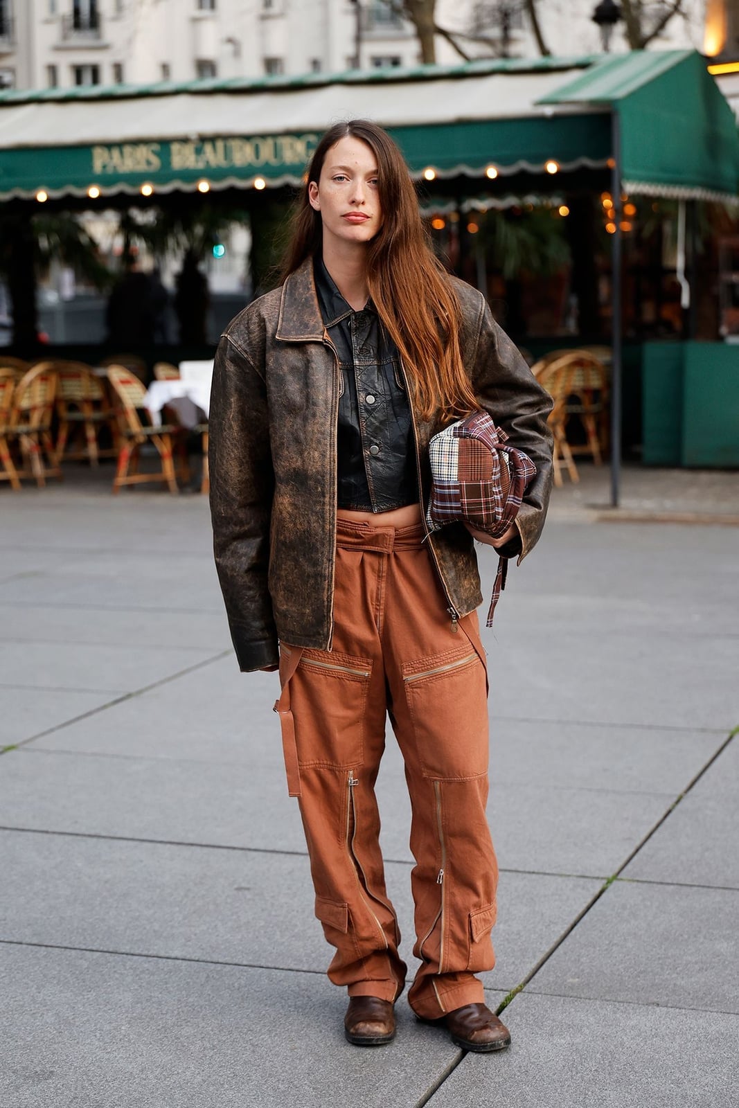Distressed Brown Leather Jacket with Orange Cargo Pants Distressed Brown Leather Jacket with Orange Cargo Pants — Classy Brown Leather Jacket Outfit