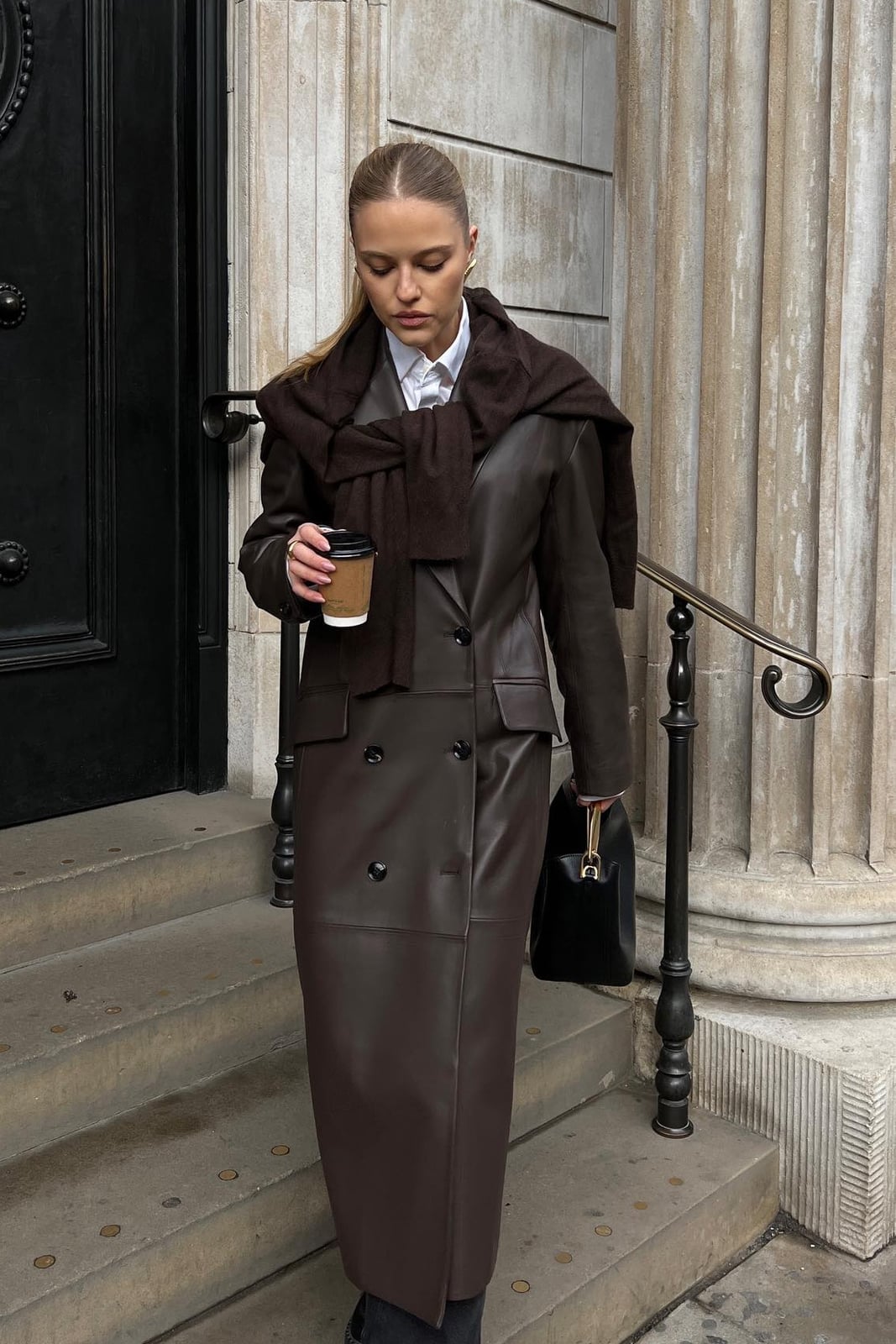 Long Brown Leather Coat Over White Shirt and Sweater Long Brown Leather Coat Over White Shirt and Sweater — Classy Brown Leather Jacket Outfit