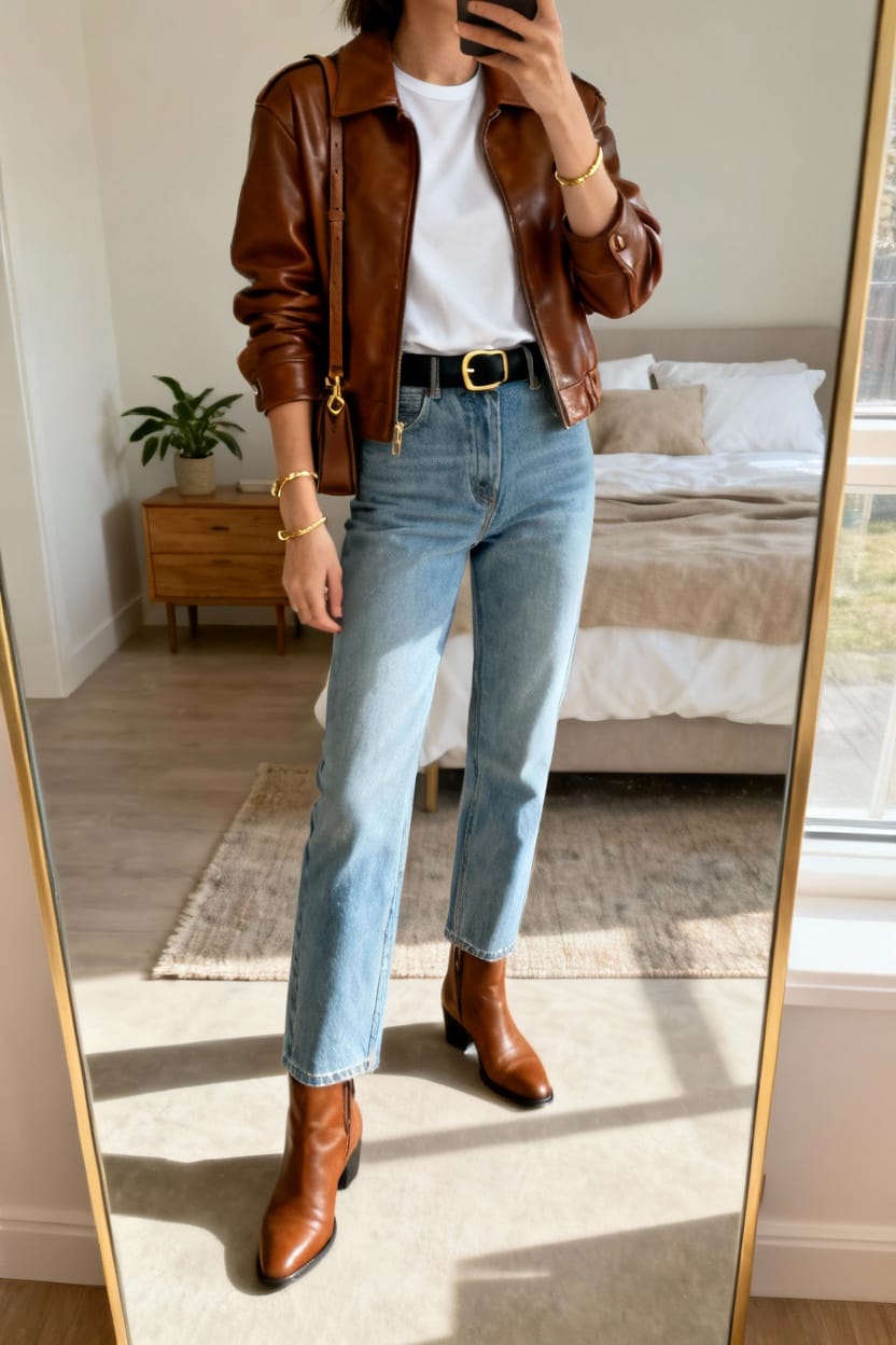 Cropped Brown Leather Jacket with Blue Jeans and Ankle Boots Cropped Brown Leather Jacket with Blue Jeans and Ankle Boots — Classy Brown Leather Jacket Outfit