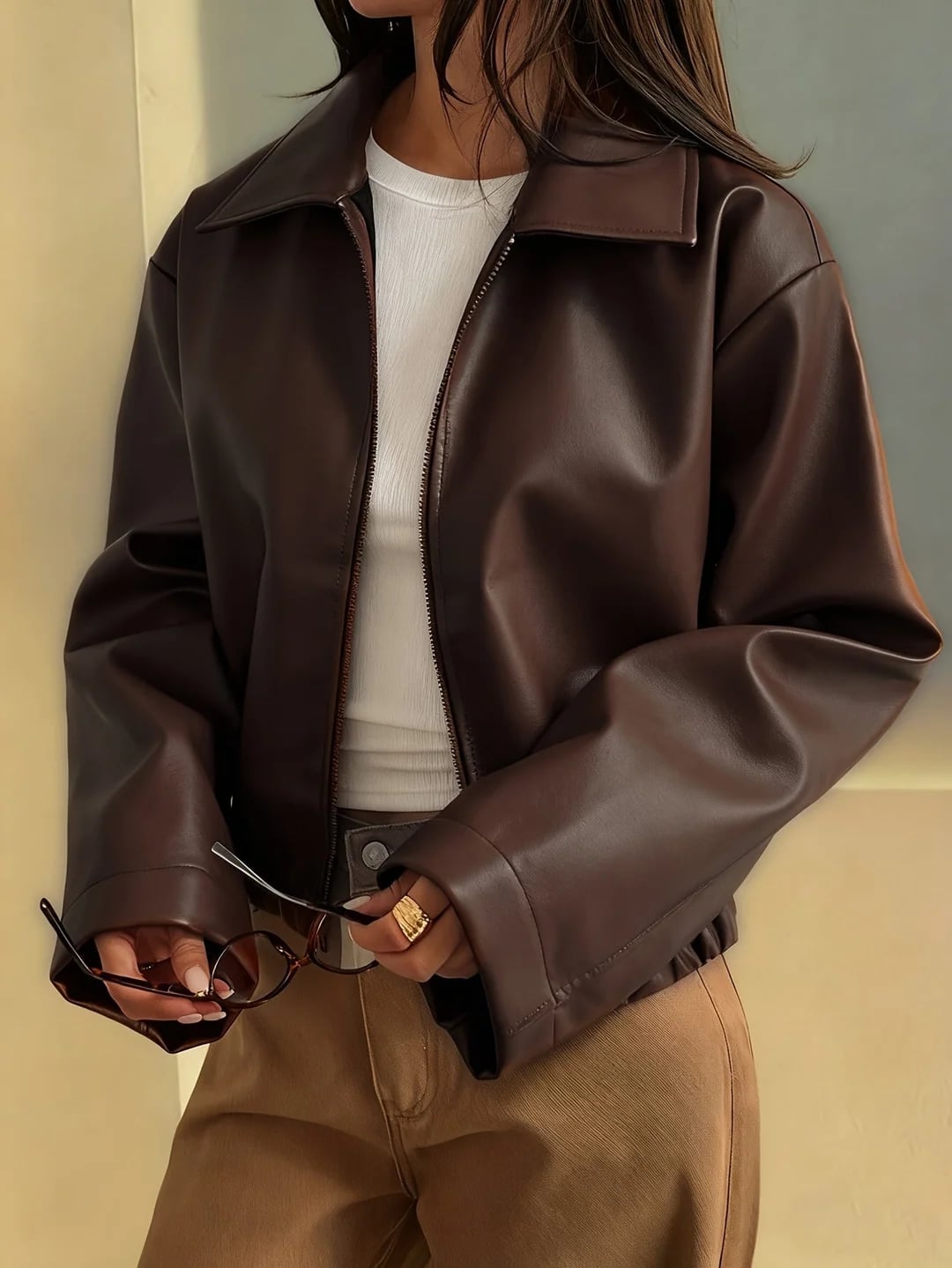 Brown Leather Jacket with Tank Top and Twill Trousers Brown Leather Jacket with Tank Top and Twill Trousers — Classy Brown Leather Jacket Outfit