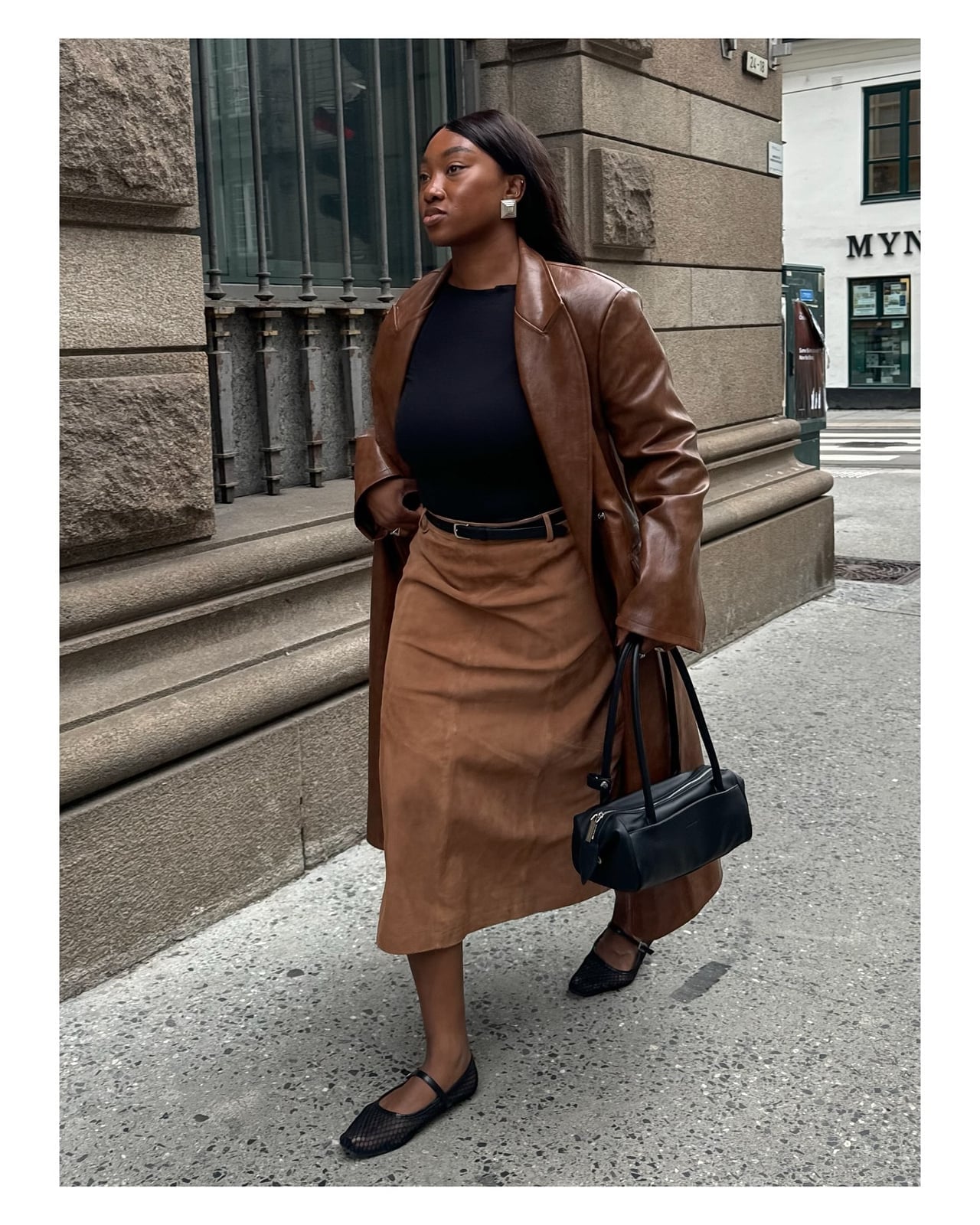 Brown Leather Trench Coat Over Black Top and Suede Skirt Brown Leather Trench Coat Over Black Top and Suede Skirt — Classy Brown Leather Jacket Outfit