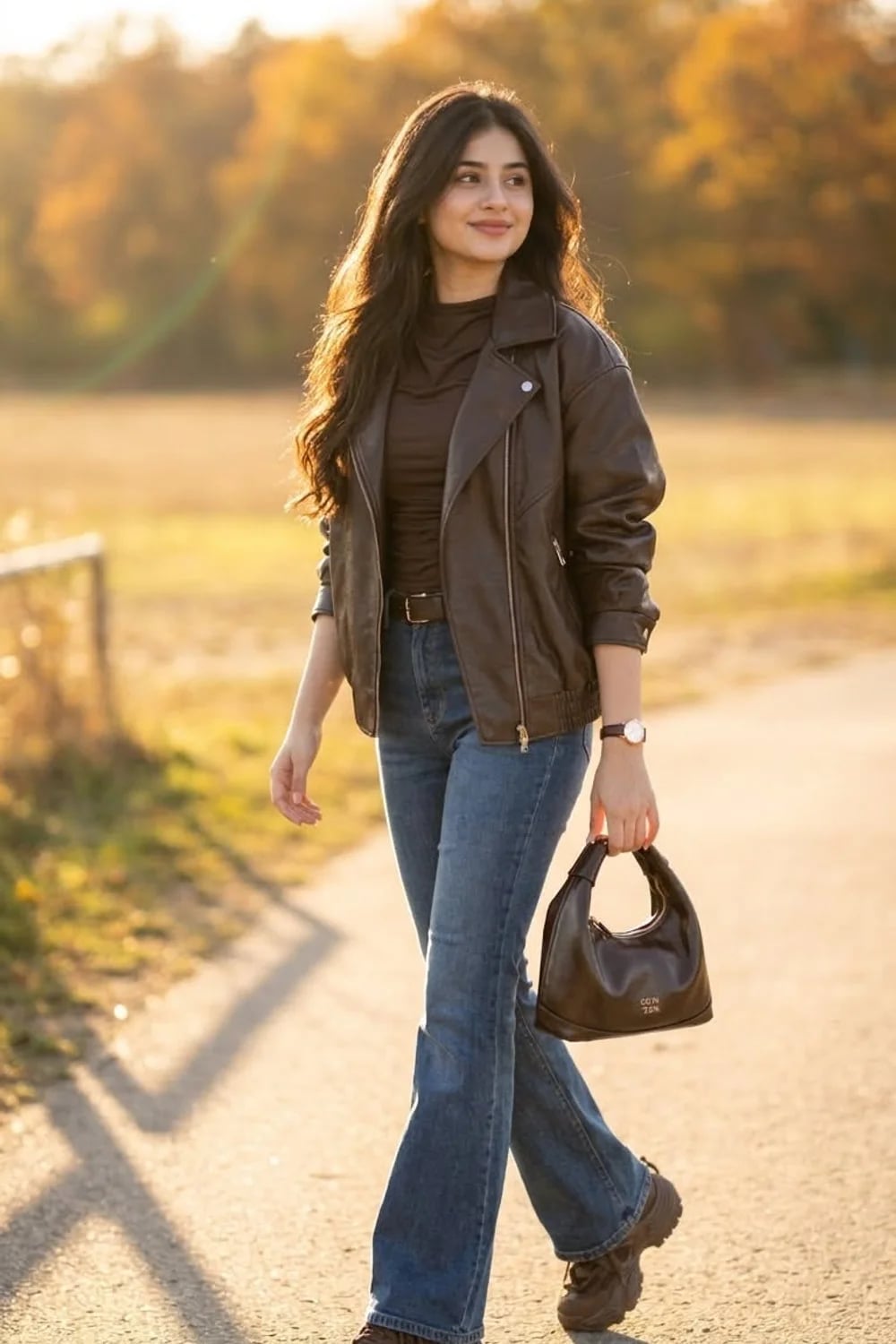 Fitted Brown Moto Jacket with Flare Jeans Fitted Brown Moto Jacket with Flare Jeans — Classy Brown Leather Jacket Outfit